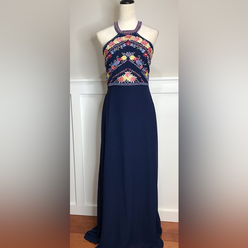 Soieblu Embroidered Halter Maxi Dress, Navy Blue, Perfect